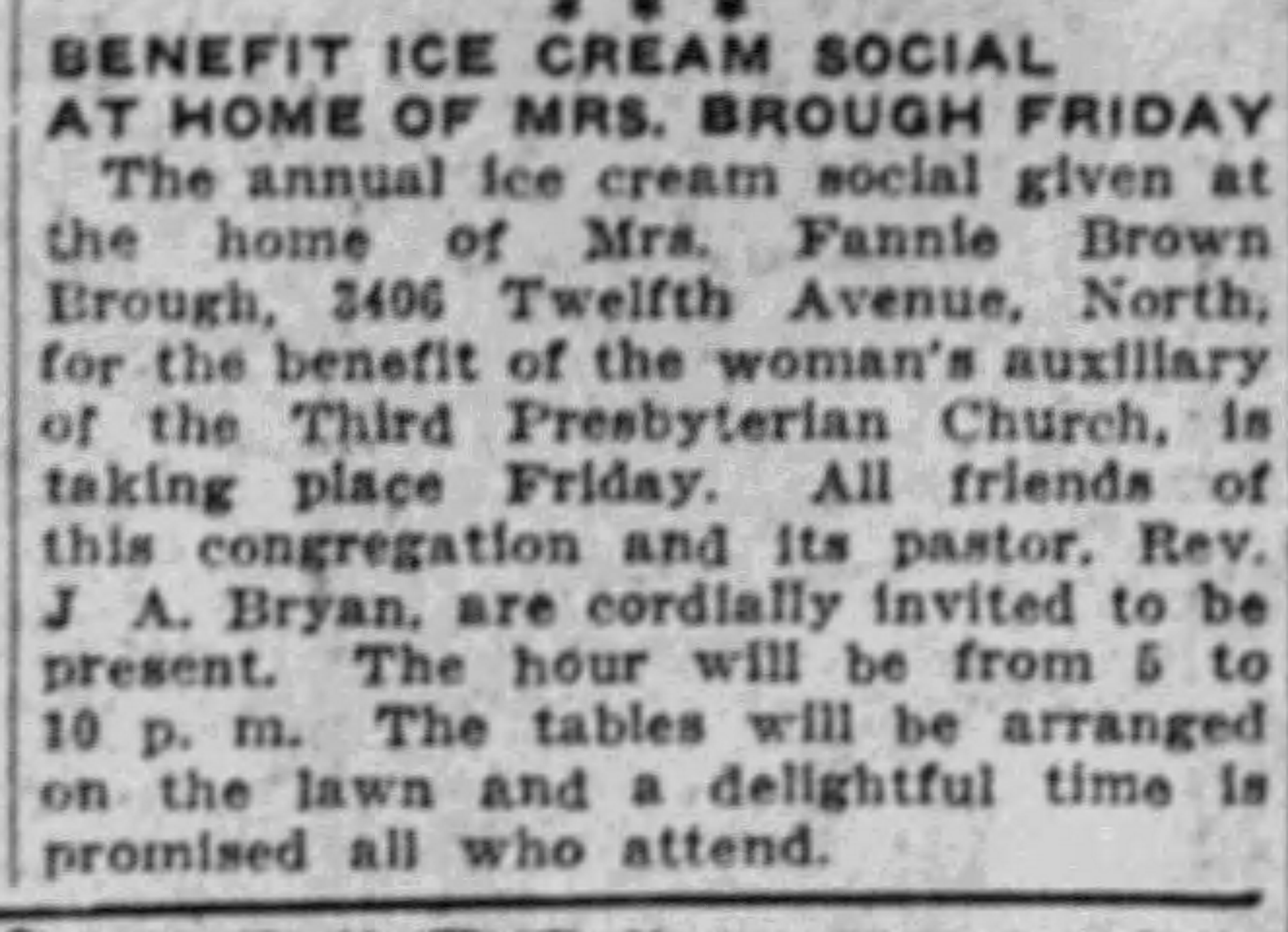 Benefit Ice Cream Social At Home of Mrs. Brough Friday